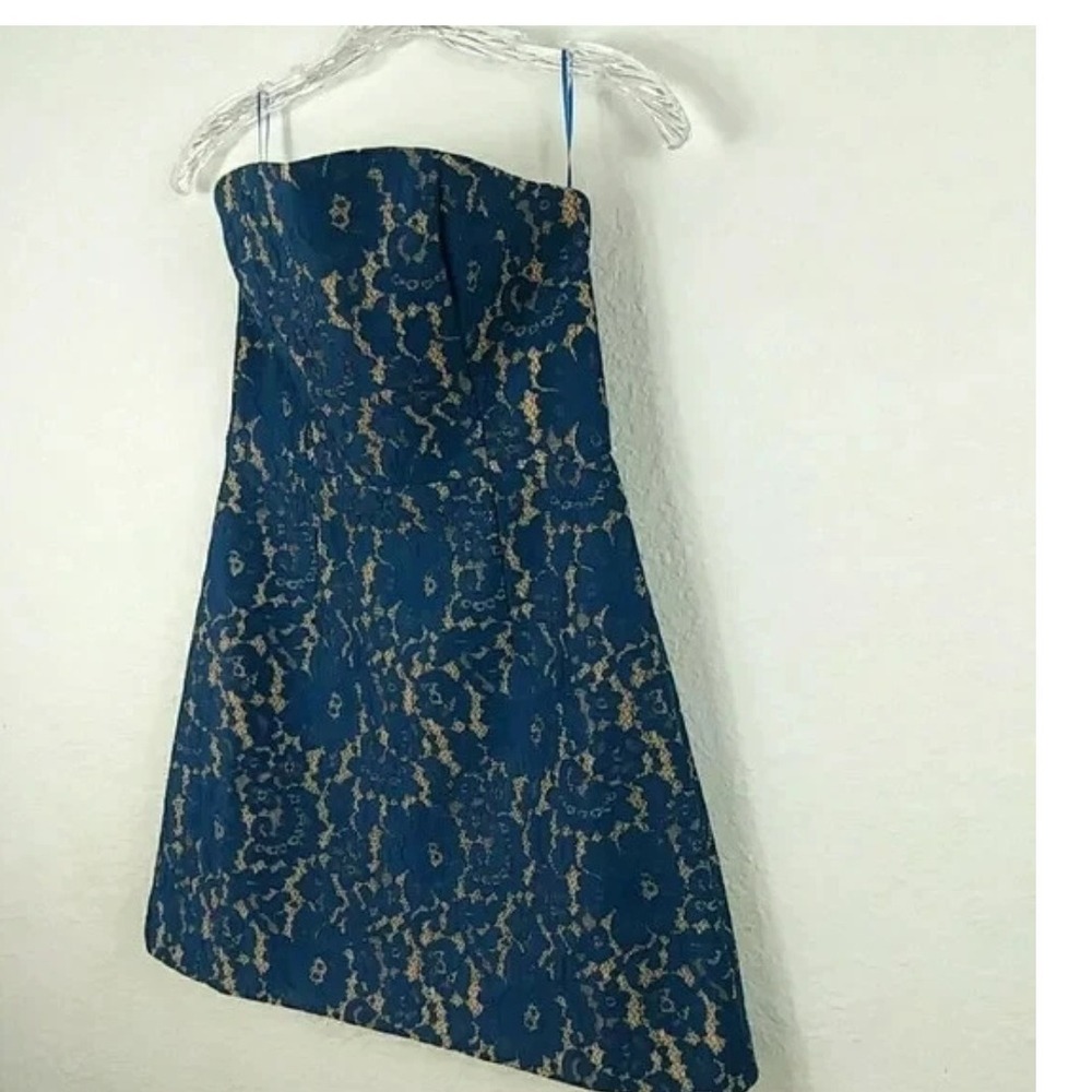Strapless Mini Dress Lace Overlay Party Cocktail Blue Tan - Size‎ Large Keepsake